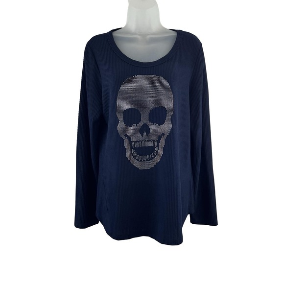 Vocal Sweaters - Vocal Top Womens XL Navy Blue Skull Rhinestone Long Sleeve Ribbed USA Gothic Y2K